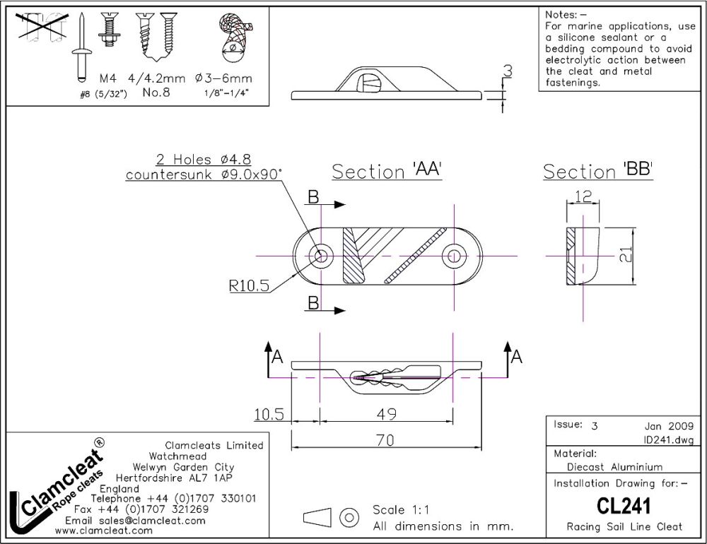 CLAMCLEAT CL241 RACING SAIL LINE Liektauklemme für Tau 3-6mm