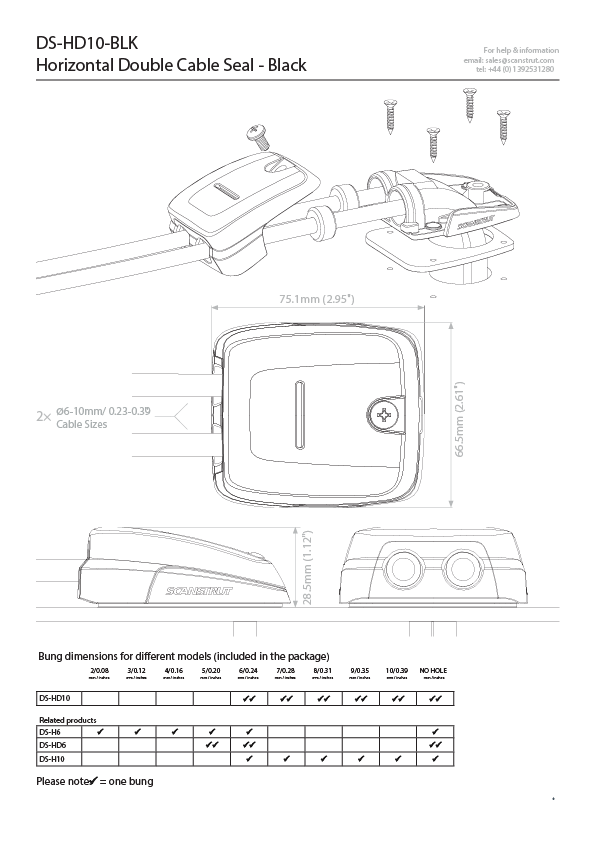 SCANSTRUT DS-HD-10BLK,Kabeldurchführung 2x6,7,8,9,10mm Kabel
