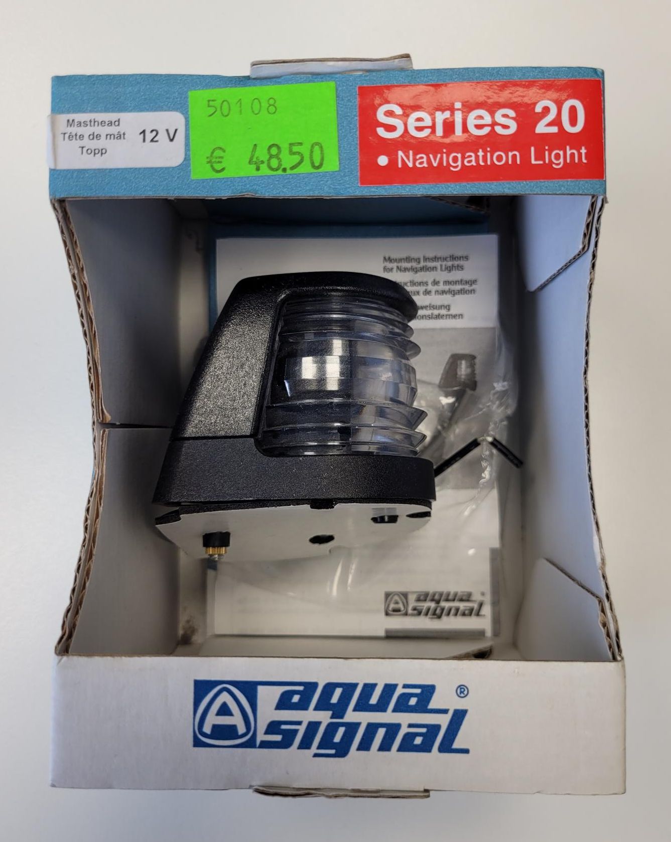 AQUASIGNAL Serie 20 Masttopp-Laterne (weiß) Fussmontage 12V schwarzes Gehäuse, unbenutzt und originalverpackt