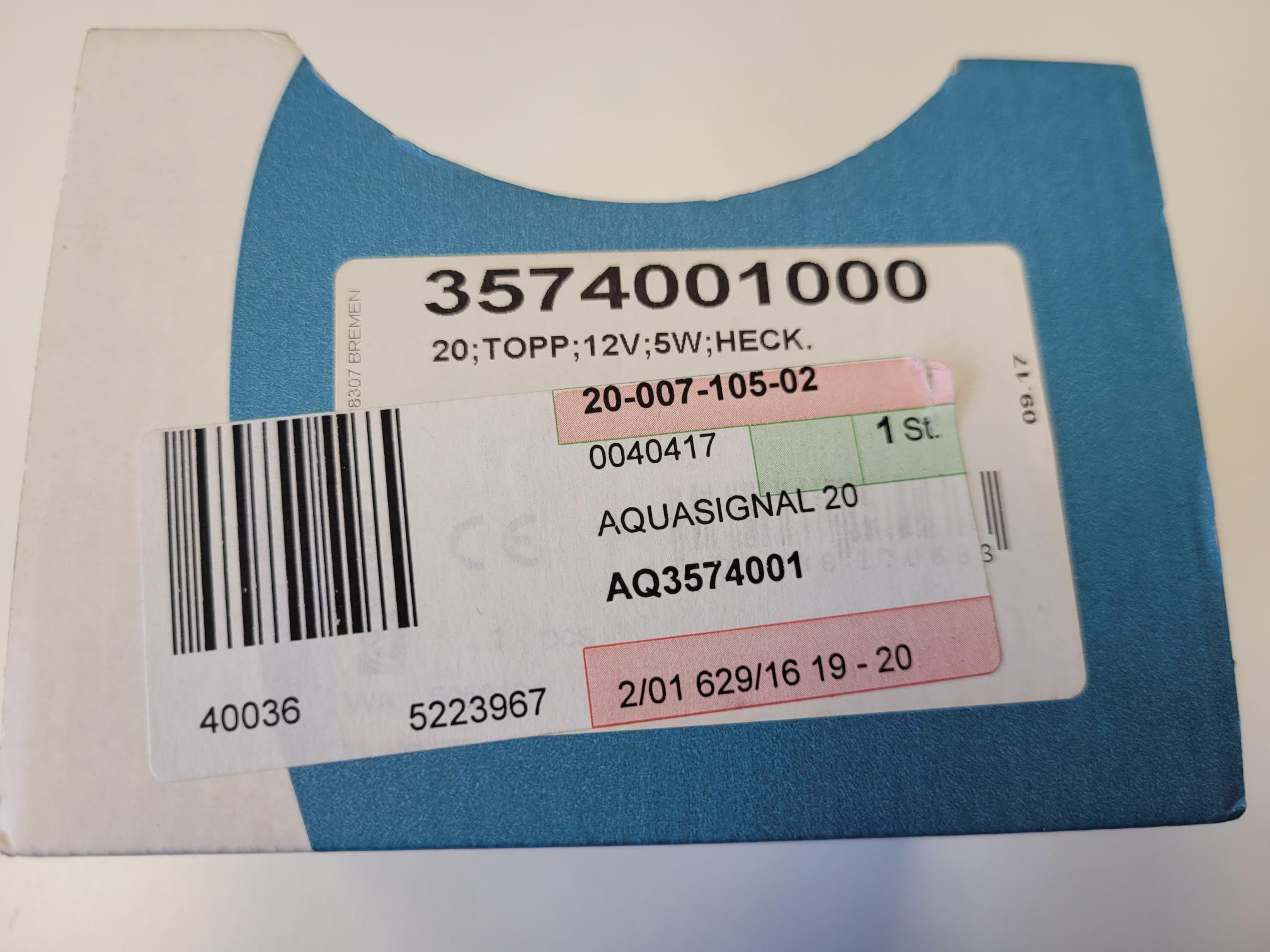 AQUASIGNAL Serie 20 Masttopp-Laterne (weiß) Fussmontage 12V schwarzes Gehäuse, unbenutzt und originalverpackt