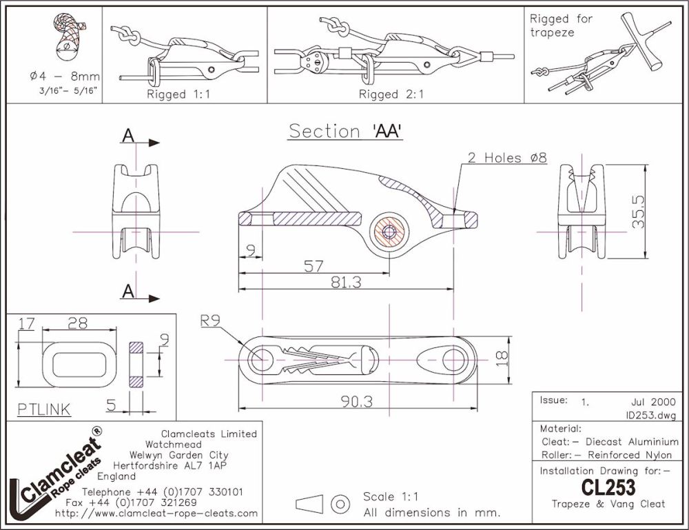 CLAMCLEAT CL253 Trapez und Niederholerklemme Alu Tau 4-8mm, Optiparts Artikel 3055