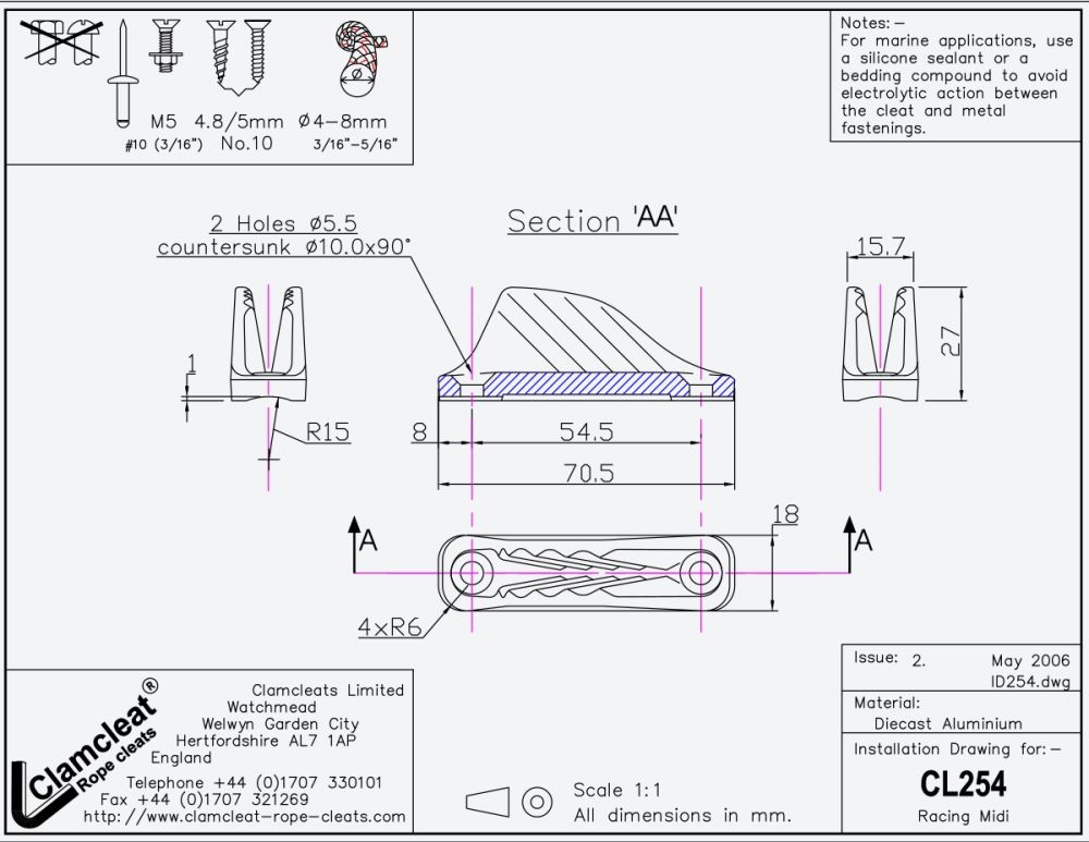 CLAMCLEAT CL254 RACING MIDI Aluminium-Klemme für Tau 4-8mm