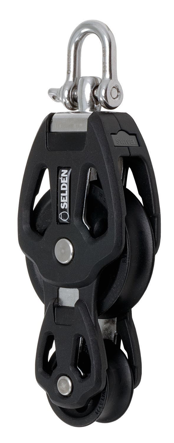 SELDÉN Gleitlager Violinblock für hohe Lasten auf Segelyachten. 80mm Laufrolle für Tauwerk bis 16mm, arretierbarer Wirbel