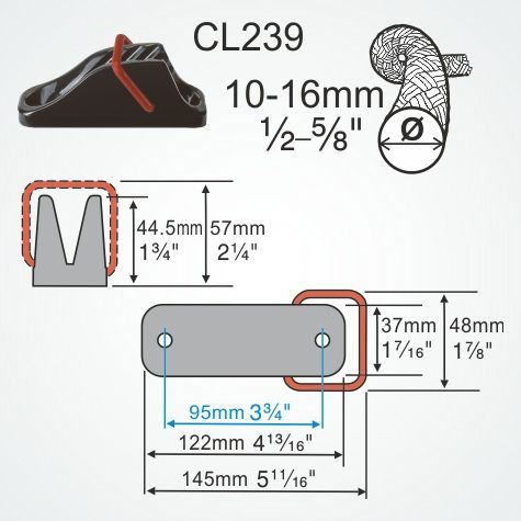 CLAMCLEAT CL239 Klemme mit Bügel Tau 10-16mm (Basis CL205)