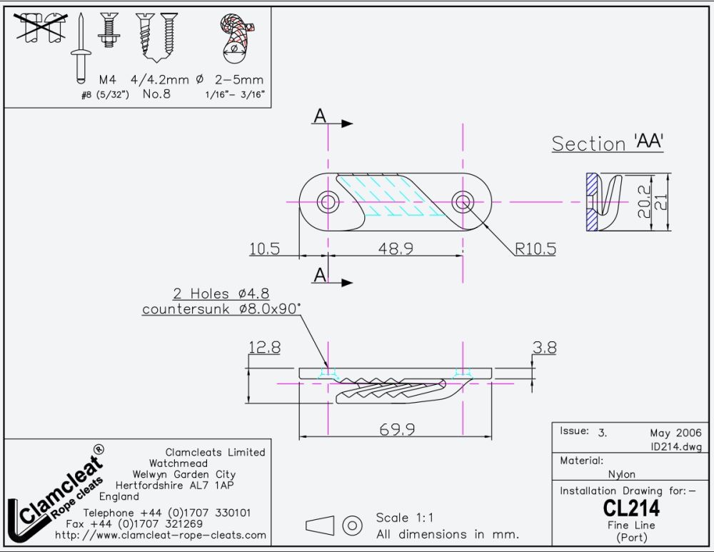 CLAMCLEAT CL214W LEECH LINE Liektauklemme für Tau 2-5mm weiß