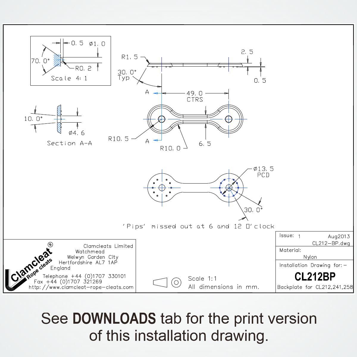 CLAMCLEAT CL212BP Gegenplatte für Liekleinenklemmen