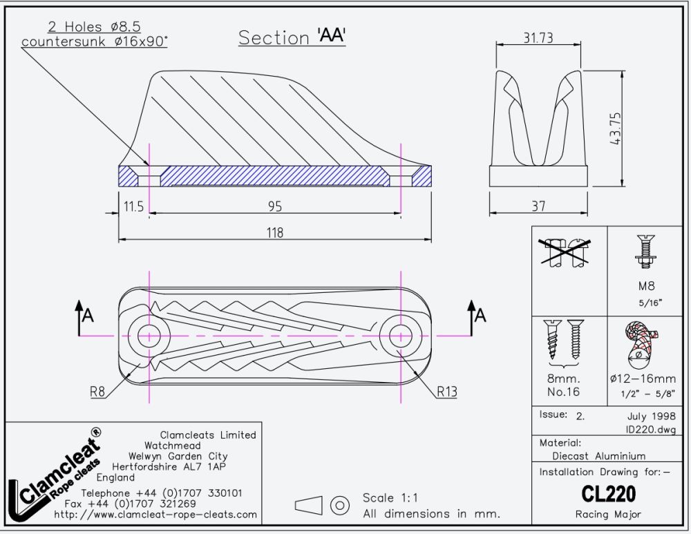 CLAMCLEAT CL220 RACING MAJOR Tauwerksklemme f. Leine 12-16mm