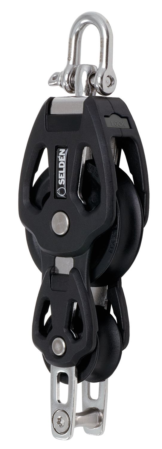 SELDÉN Gleitlager Violinblock für hohe Lasten auf Segelyachten. 60mm Laufrolle für Tauwerk bis 14mm, arretierbarer Wirbel, mit Hundsfott
