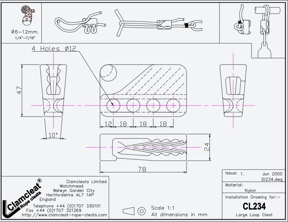 CLAMCLEAT CL234 Fenderklemme groß für Tau 6-11mm schwarz