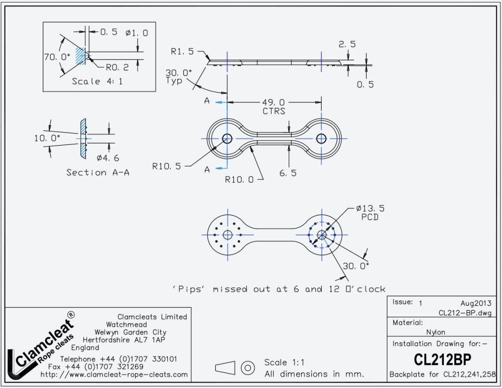 CLAMCLEAT CL212BP Rückenplatte Liektauklemme CL212 weiß 10er Pack
